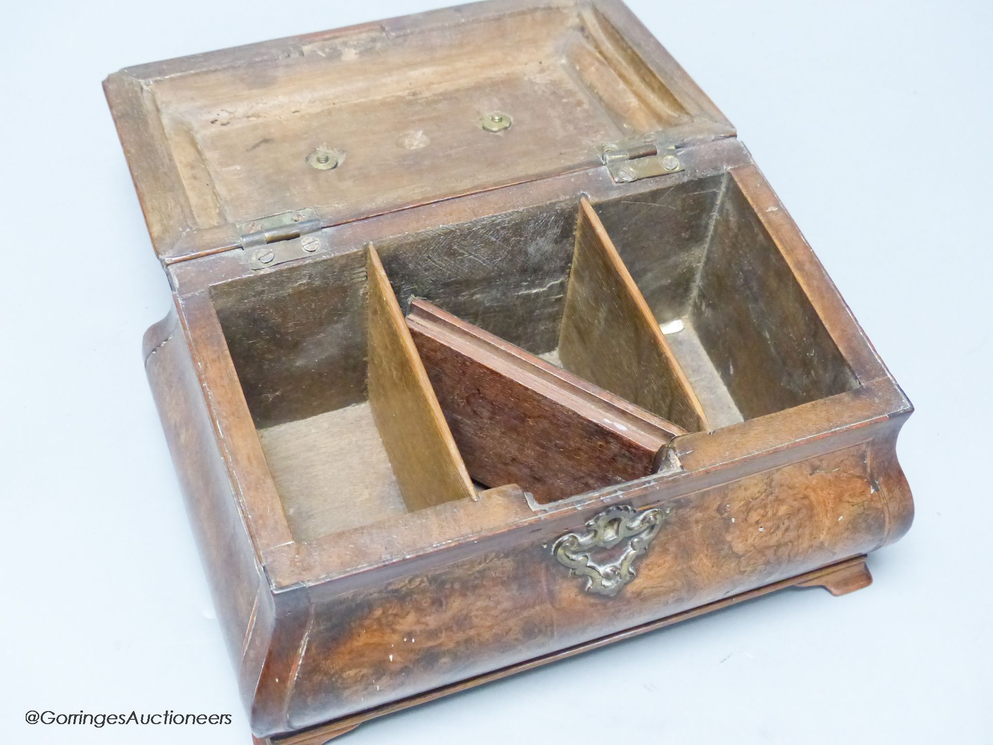 A George II walnut bombe tea caddy, with burr walnut panels, 22 x 13cm